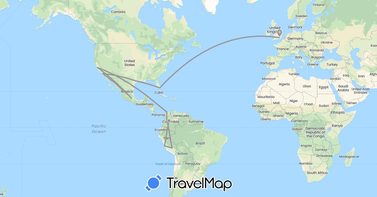 TravelMap itinerary: driving, plane in Colombia, Costa Rica, United Kingdom, Mexico, Peru, United States (Europe, North America, South America)